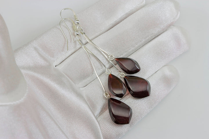 Baltic Amber Earrings Smooth Long Teardrop Double Hung Chandelier Style Dangles Sterling Silver natural Dark Honey Amber 3 Inch Chain Drops