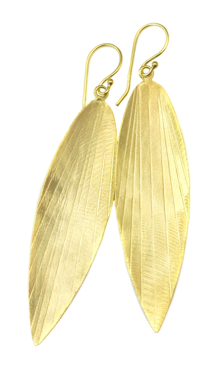 14k Gold and Sterling Silver Vermeil Long Leaf Shape Drop Earrings Brushed Gold 2.6 Inches Long Bright Yellow gold contemporary design