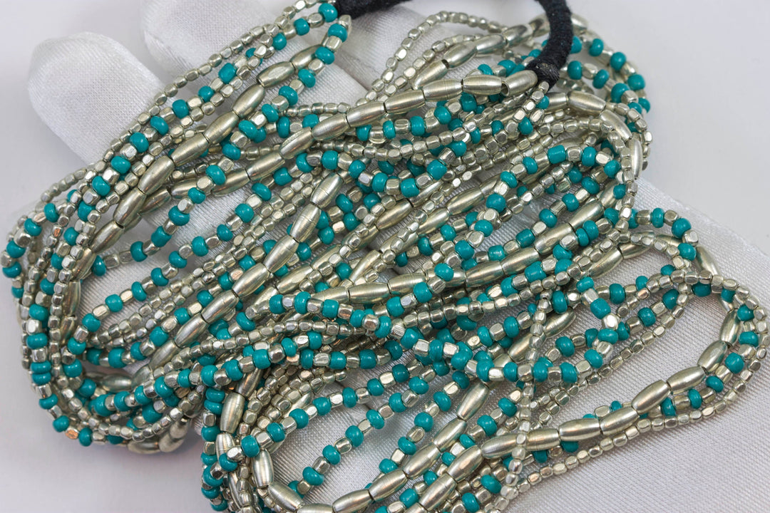 Turquoise Blue Beaded Necklace Solid Strand Link Beaded  Silver 36 Inches 5 Strands Silver Beads Mixed or Mixed with brass beads