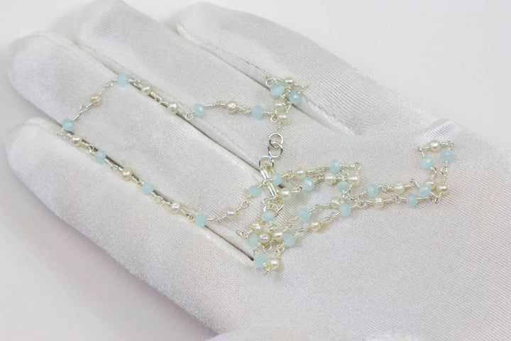 Chalcedony Necklace Soft Blue and White Pearl  Sterling Silver or 14k Gold Filled Faceted Chain Link 18 19 Inches Soft Pale Baby Blue Dainty