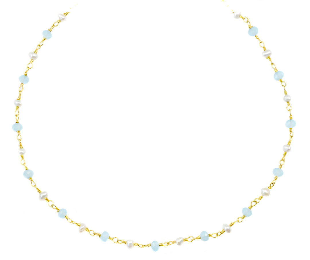 Chalcedony Necklace Soft Blue and White Pearl  Sterling Silver or 14k Gold Filled Faceted Chain Link 18 19 Inches Soft Pale Baby Blue Dainty