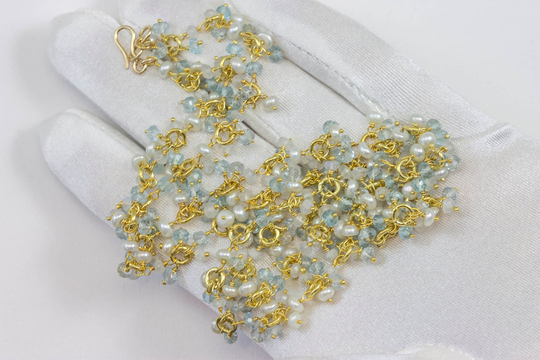 Aquamarine Necklace Natural Blue 14k Gold Filled Faceted White Small Pearls Chain Link 24 Inch Soft Pale Baby Blue Dainty cluster style