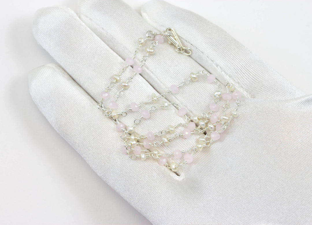 Chalcedony Necklace Pink and White Pearls  Sterling Silver or 14k Gold Filled Faceted Chain Link 18 19 Inches Soft Pink Dainty