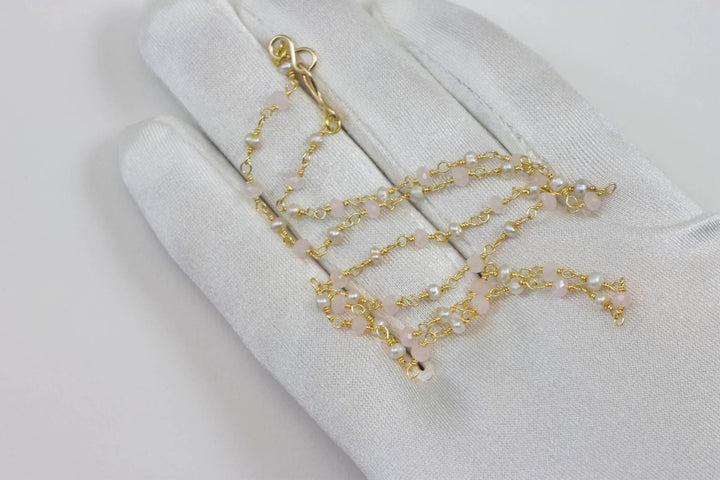 Chalcedony Necklace Pink and White Pearls  Sterling Silver or 14k Gold Filled Faceted Chain Link 18 19 Inches Soft Pink Dainty