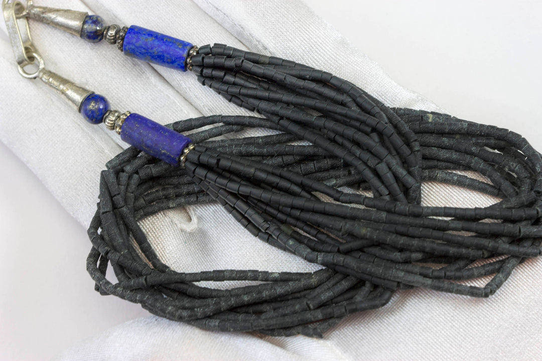 Black Matte Glass Necklace Beaded Silver Solid Heishi Cut 18 Inch Multi Strand 10 strands Blue Lapis Lazuli Accent Stones