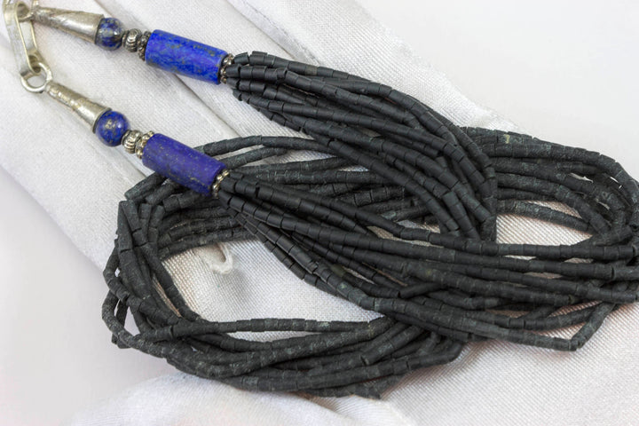 Black Matte Glass Necklace Beaded Silver Solid Heishi Cut 18 Inch Multi Strand 10 strands Blue Lapis Lazuli Accent Stones