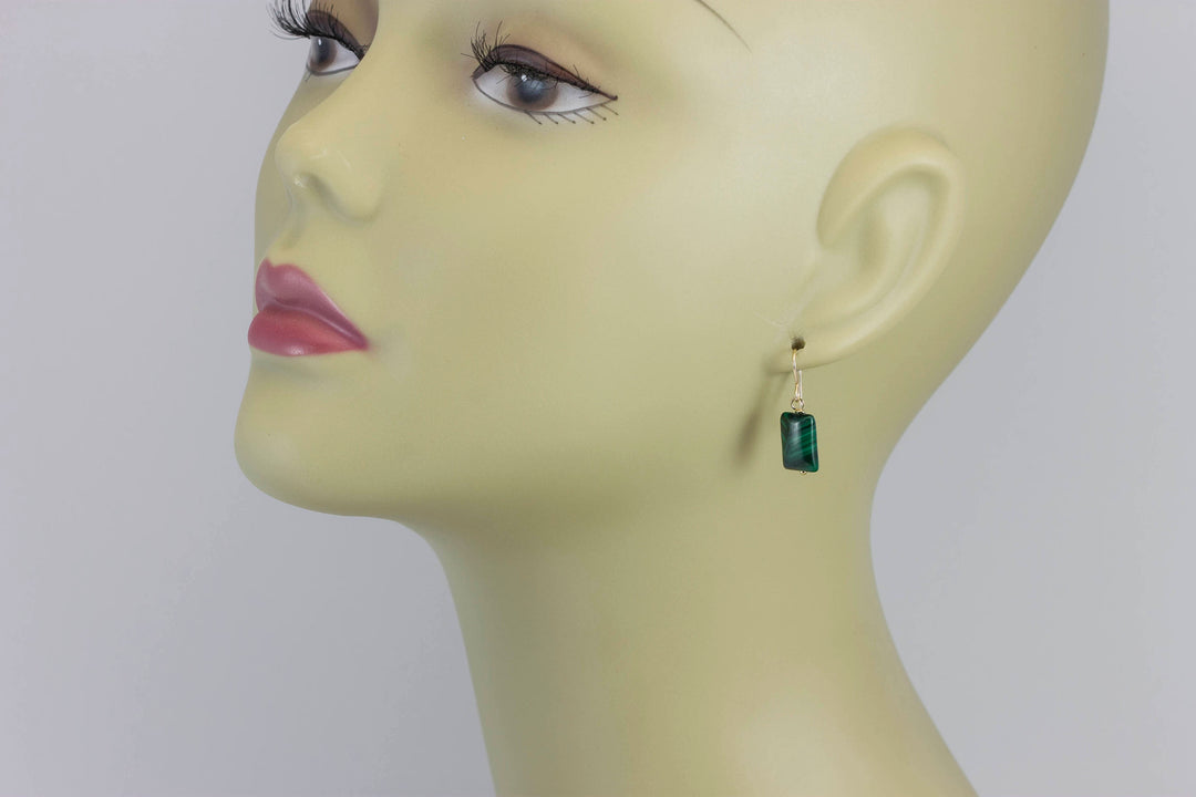 Malachite Earrings Green rectangle shaped smooth Natural Dangle Drops Sterling Silver or 14k Solid Gold or Filled small dainty simple design