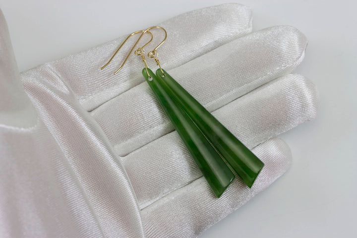 Green Jade Earrings Natural Nephrite Smooth Long Skinny 14k solid gold or filled or Sterling Silver Simple Contemporary thin Drops Long 2.7"