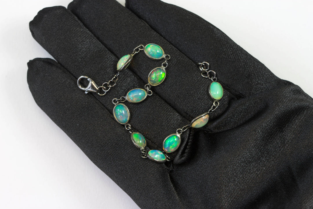 Opal Bracelet Ethopian Welo Smooth Oval Bezel Set 6.5 to 7 Inch Sterling Silver Rhodium Black Plated Adjustable Toggle Clasp Dainty Simple