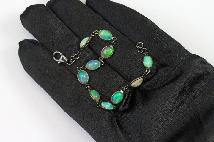 Opal Bracelet Ethopian Welo Smooth Oval Bezel Set 6.5 to 7 Inch Sterling Silver Rhodium Black Plated Adjustable Toggle Clasp Dainty Simple