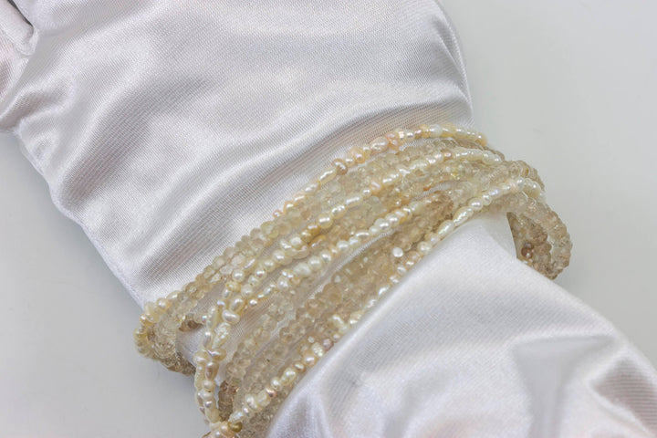 Seed Pearl Champagne Clear Quartz Bracelet Multi Strand Twisted 14k Gold Filled 6  to 6.5 inches Barrel Clasp 9 Strands Unique