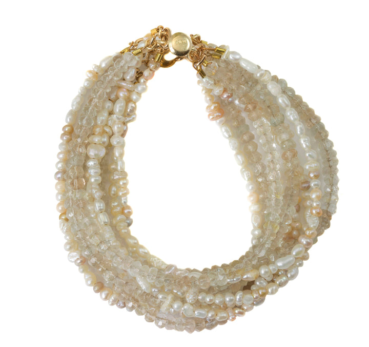 Seed Pearl Champagne Clear Quartz Bracelet Multi Strand Twisted 14k Gold Filled 6  to 6.5 inches Barrel Clasp 9 Strands Unique