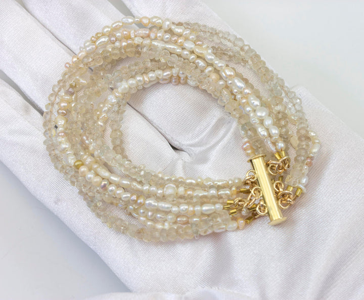 Seed Pearl Champagne Clear Quartz Bracelet Multi Strand Twisted 14k Gold Filled 6  to 6.5 inches Barrel Clasp 9 Strands Unique