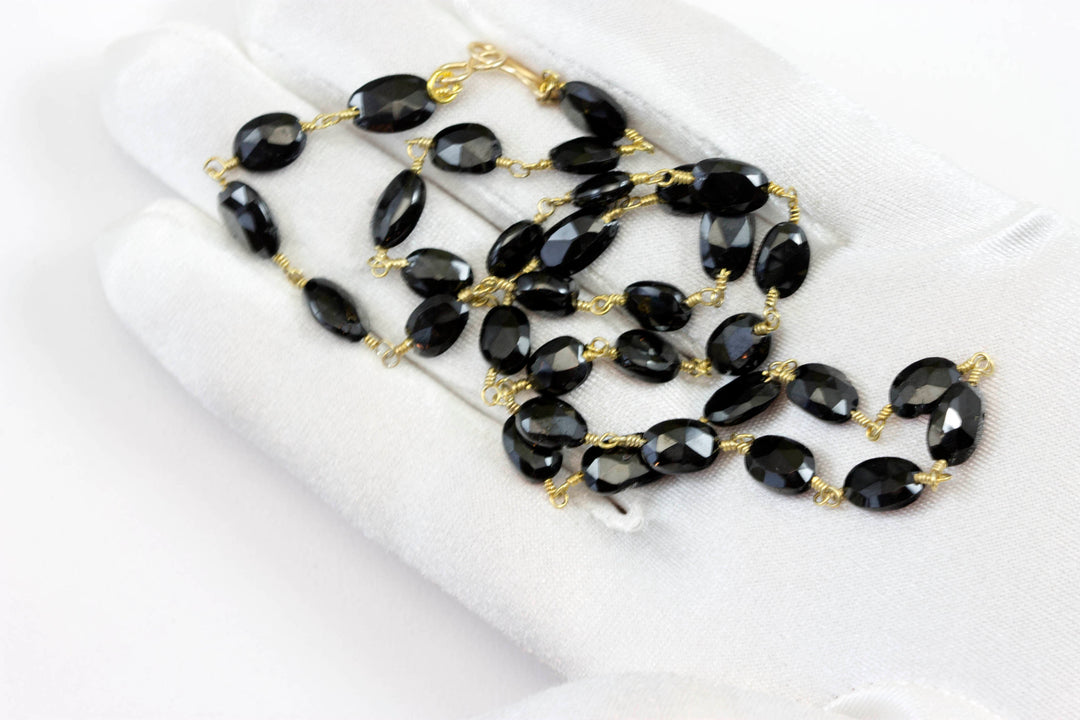 Black Spinel Necklace 8mm 14k Gold Fill Beaded Chain Link  20 Inches Natural Faceted Oval Classic Neutral Versatile Simple