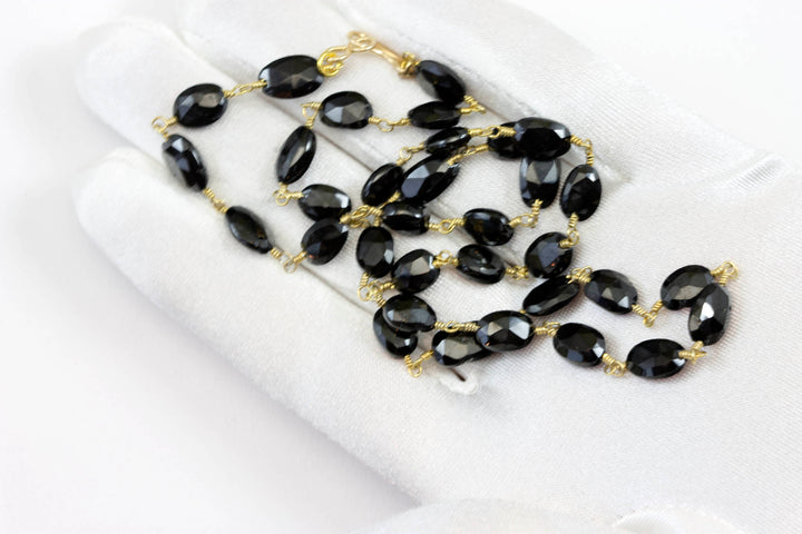 Black Spinel Necklace 8mm 14k Gold Fill Beaded Chain Link  20 Inches Natural Faceted Oval Classic Neutral Versatile Simple