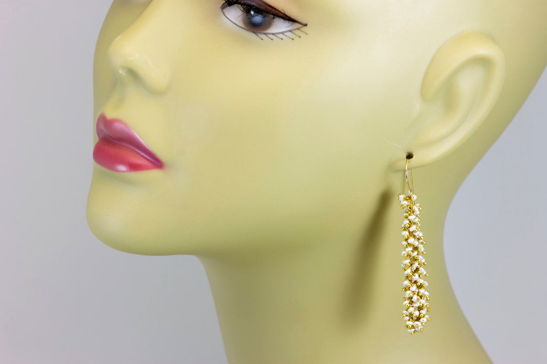 Seed Pearl Earrings  14k Solid Gold or Filled French Ear Wires White Dense Cluster Freshwater Drops 2 Inch Tiny Pearls Dangles