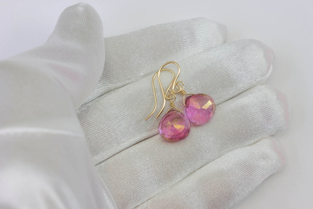 Pink Topaz Earrings Heart Drop Teardrop Dangle faceted Sterling Silver or 14k Solid Gold or Filled Simple dainty Spyglass Designs Daily