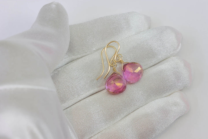 Pink Topaz Earrings Heart Drop Teardrop Dangle faceted Sterling Silver or 14k Solid Gold or Filled Simple dainty Spyglass Designs Daily