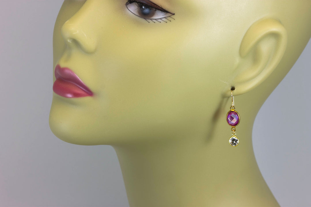 Pink Topaz Earrings Mystic Drop Teardrop Oval Dangle faceted 14k Solid Gold or Filled Clear CZ Cubic Zirconia Accent Bezeled  Double Hung
