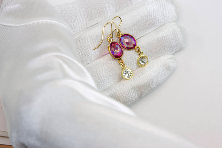 Pink Topaz Earrings Mystic Drop Teardrop Oval Dangle faceted 14k Solid Gold or Filled Clear CZ Cubic Zirconia Accent Bezeled  Double Hung