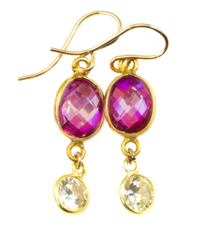 Pink Topaz Earrings Mystic Drop Teardrop Oval Dangle faceted 14k Solid Gold or Filled Clear CZ Cubic Zirconia Accent Bezeled  Double Hung