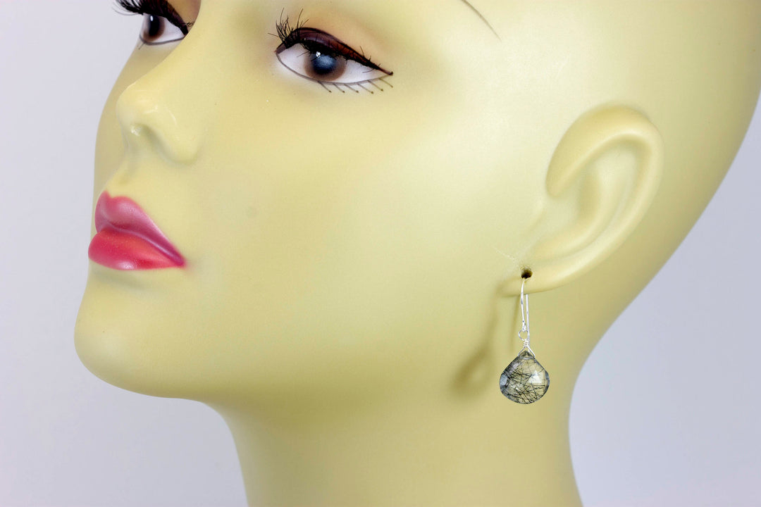 Black Tourmalated Rutile Quartz Earrings 14k Solid Yellow Gold or Filled or Sterling Silver Rutilated Heart Teardrop Nice Rutilation Simple