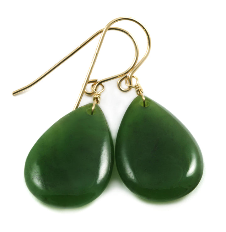 Jade Earrings Natural Green Nephrite Smooth Fat Teardrop Drops 14k Solid Gold or Filled or Sterling Silver Earthy Rich Green classic simple