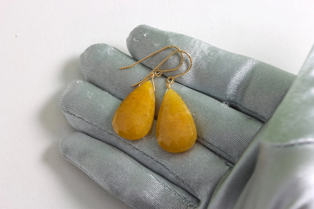Yellow Aventurine Earrings Teardrop Pear Shaped Faceted 14k Solid Gold or Filled or Sterling Silver Great Unique Natural Earthy Color - Spyglass Designs