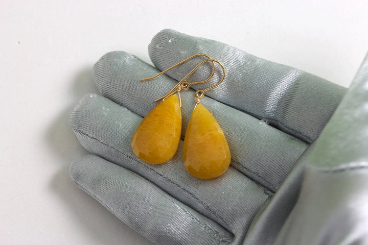 Yellow Aventurine Earrings Teardrop Pear Shaped Faceted 14k Solid Gold or Filled or Sterling Silver Great Unique Natural Earthy Color - Spyglass Designs