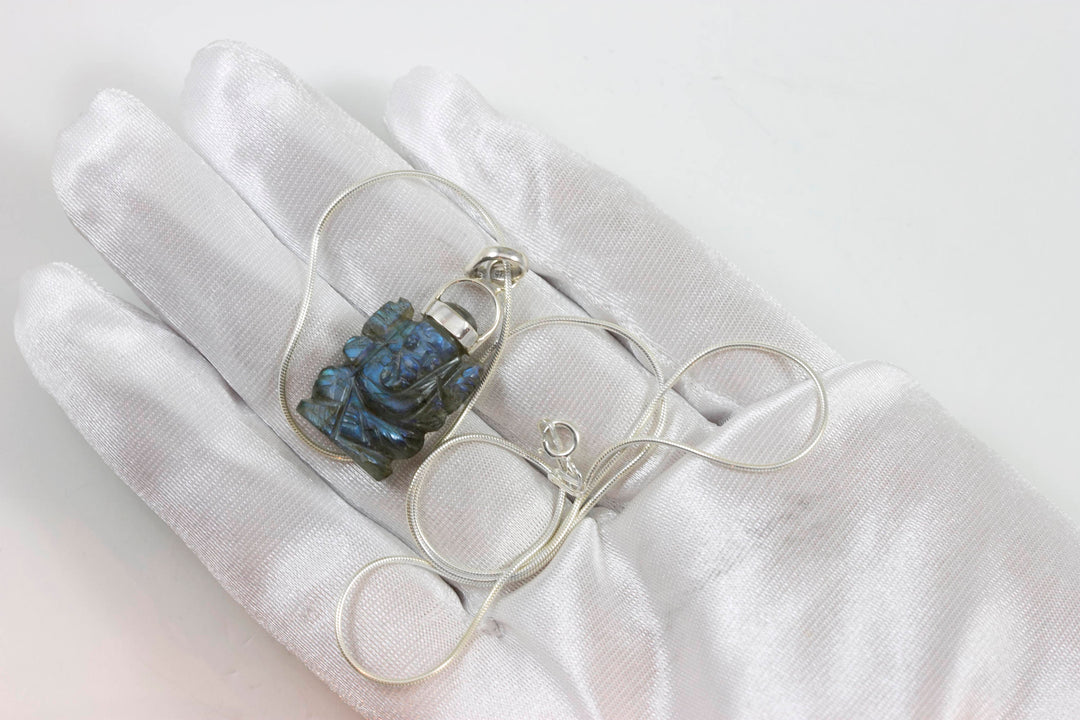 Ganesh Ganesha Elephant Pendant Necklace Lord Good Fortune Sterling Silver 18 Inch Chain Purple Amethyst or Crystal Quartz or Labradorite