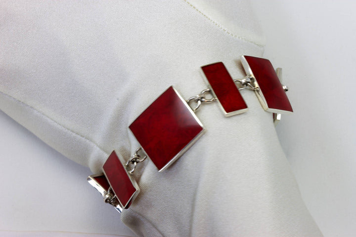 Red Coral Bamboo Bracelet Bezel Set Toggle Clasp Sterling Silver  7 8 Inches Adjustable Earthy Natural Contemporary Square Rectangle Cut