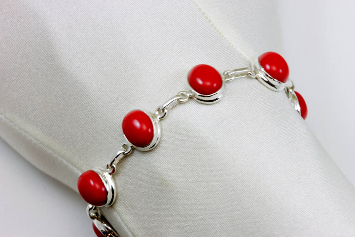 Red Coral Bamboo Bracelet Bezel Set Toggle Clasp Sterling Silver  7 8 Inches Adjustable Earthy Natural Contemporary Oval Cabachon Cut