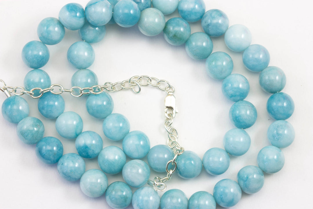 Larimar Simulated Necklace Large smooth beaded Sterling Silver or 14k Gold Filled 24 Inch Simple Baby Blue Large Simple classic design 10mm