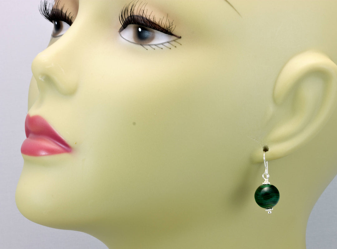 Malachite Earrings Green Round 12mm Dangle Drops Sterling Silver or 14k Solid Gold or Filled Natural Striped Classic Simple Spyglass Designs