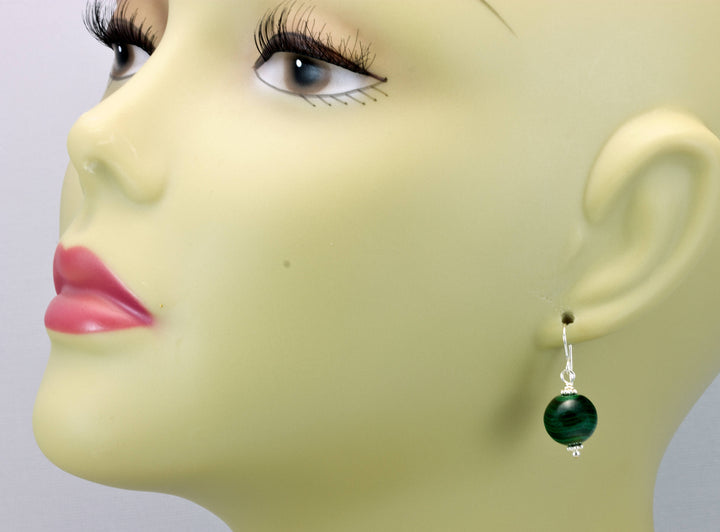 Malachite Earrings Green Round 12mm Dangle Drops Sterling Silver or 14k Solid Gold or Filled Natural Striped Classic Simple Spyglass Designs