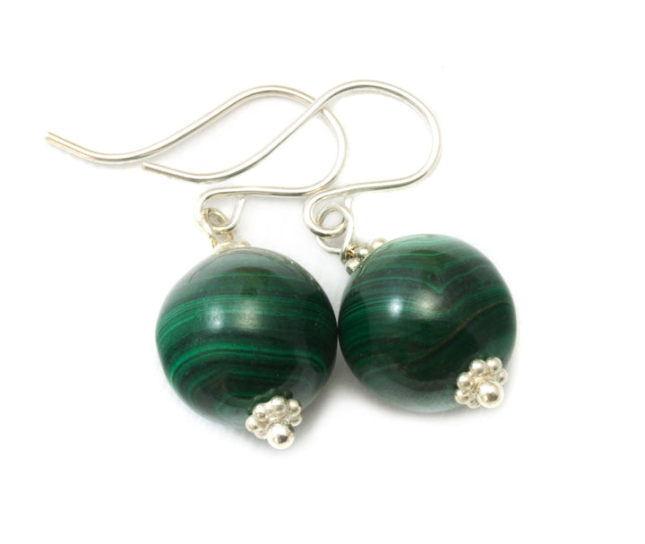 Malachite Earrings Green Round 12mm Dangle Drops Sterling Silver or 14k Solid Gold or Filled Natural Striped Classic Simple Spyglass Designs