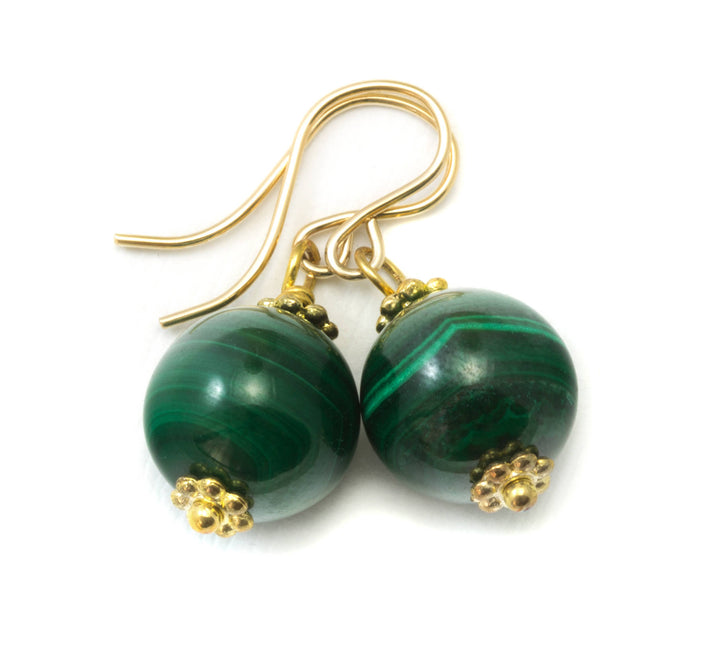 Malachite Earrings Green Round 12mm Dangle Drops Sterling Silver or 14k Solid Gold or Filled Natural Striped Classic Simple Spyglass Designs