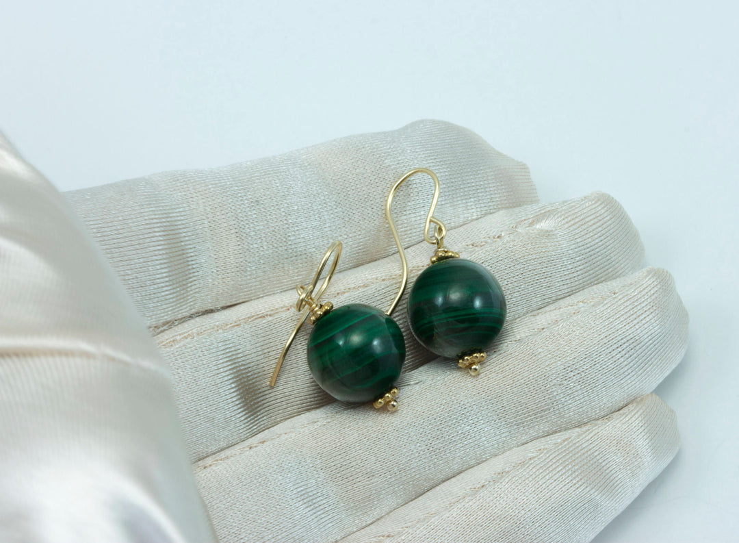 Malachite Earrings Green Round 12mm Dangle Drops Sterling Silver or 14k Solid Gold or Filled Natural Striped Classic Simple Spyglass Designs