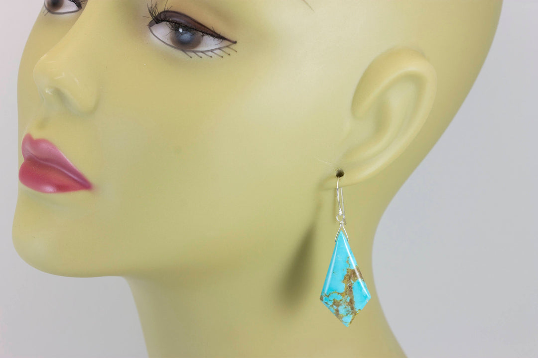 Turquoise Earrings Sterling Silver Smooth Natural Blue Teardrops Long simple drops Natural Light Blue and Veining Triangle Cut Simple  Large