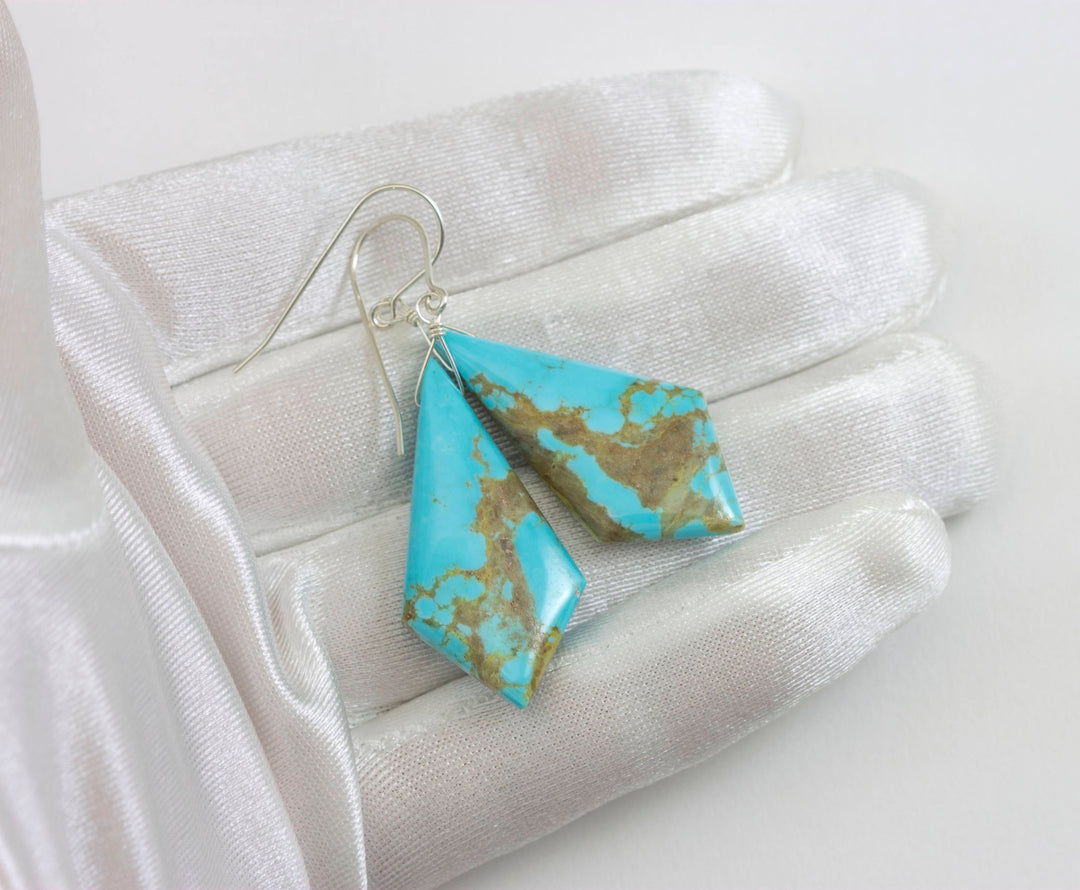 Turquoise Earrings Sterling Silver Smooth Natural Blue Teardrops Long simple drops Natural Light Blue and Veining Triangle Cut Simple  Large