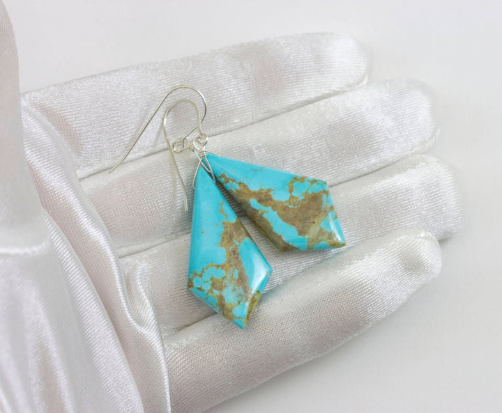 Turquoise Earrings Sterling Silver Smooth Natural Blue Teardrops Long simple drops Natural Light Blue and Veining Triangle Cut Simple  Large
