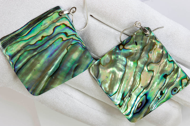 Abalone Paua Shell Teardrop Earrings Extra Large Natural Peacock Colors Sterling Silver Triangle Blue Green Iridescent MOP 2.6 In