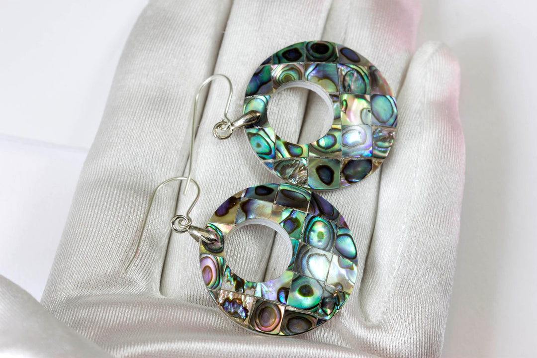 Abalone Paua Shell Teardrop Earrings Natural Peacock Mosaic Round 14k solid gold or filled or Sterling Silver Large Simple MOP Drops 2 Inch