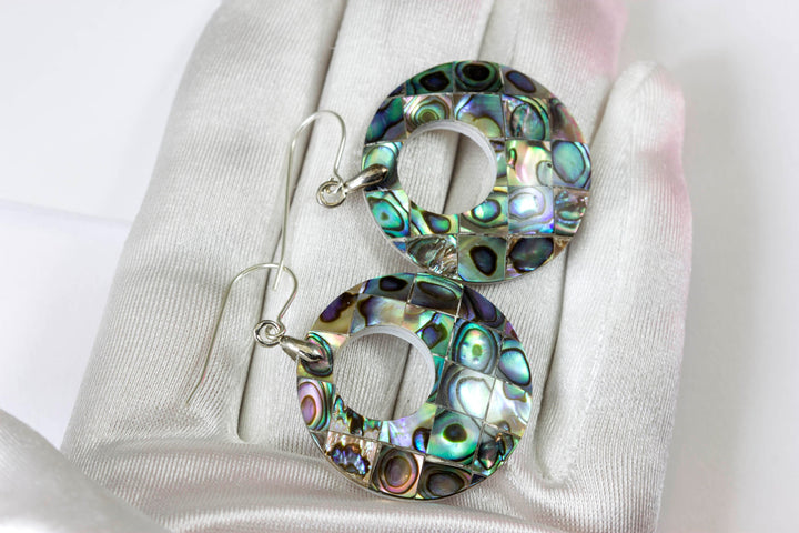 Abalone Paua Shell Teardrop Earrings Natural Peacock Mosaic Round 14k solid gold or filled or Sterling Silver Large Simple MOP Drops 2 Inch