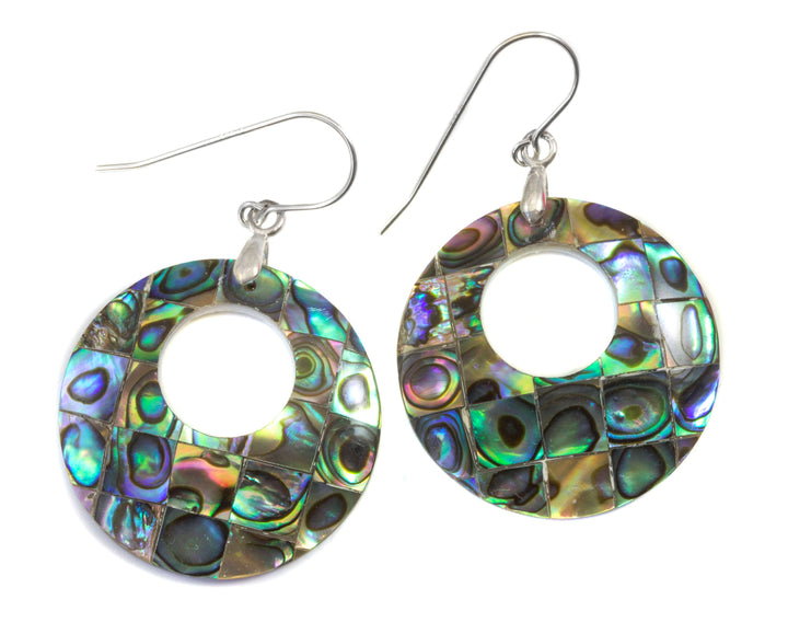 Abalone Paua Shell Teardrop Earrings Natural Peacock Mosaic Round 14k solid gold or filled or Sterling Silver Large Simple MOP Drops 2 Inch