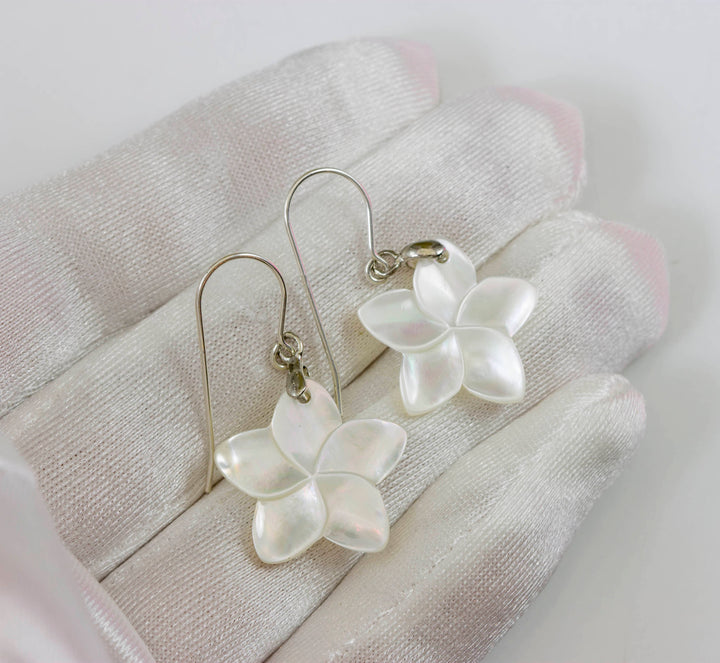 Mother of Pearl Earrings White MOP Carved Flower Dangles Natural 14k Solid Gold or Filled or Sterling Silver Lightweight Simple Drops