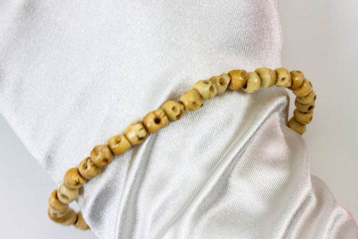 Skull Bracelet Carved Bone White Cream Or Brown  Bone Skulls 8 Inch Women Man Men's Bracelet Stretchy Tibetan Prayer Beads