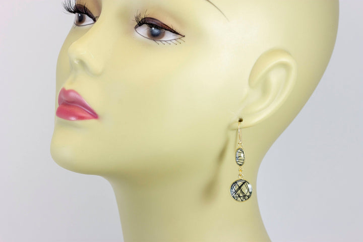 Black Rutile Tourmalated Quartz Earrings Smooth Simulated Rutilated Drop Bezel Teardrop 14k Gold Filled Ear Wires Double  Round Drops 2 Inch