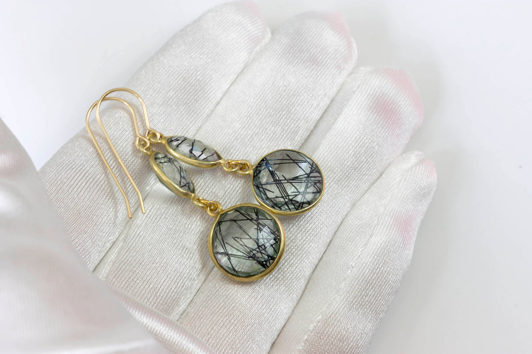 Black Rutile Tourmalated Quartz Earrings Smooth Simulated Rutilated Drop Bezel Teardrop 14k Gold Filled Ear Wires Double  Round Drops 2 Inch