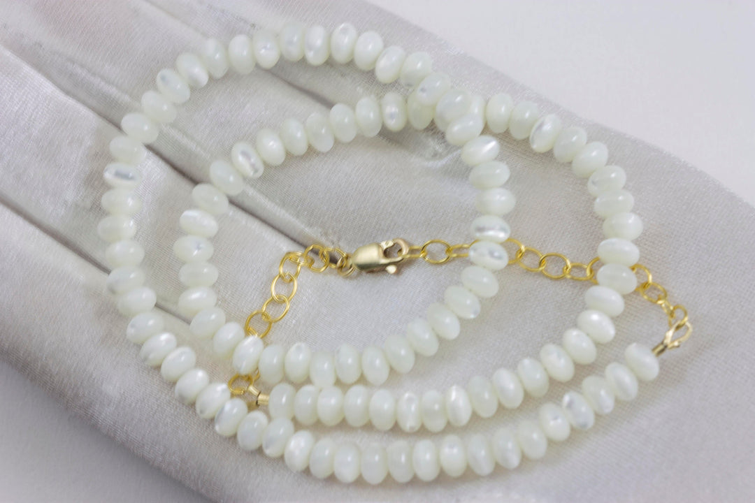 White Mother of Pearl Necklace Sterling Silver or 14k Gold Filled Solid Strand Faceted 18 19 Inch  AAA iridescence classic design Simple